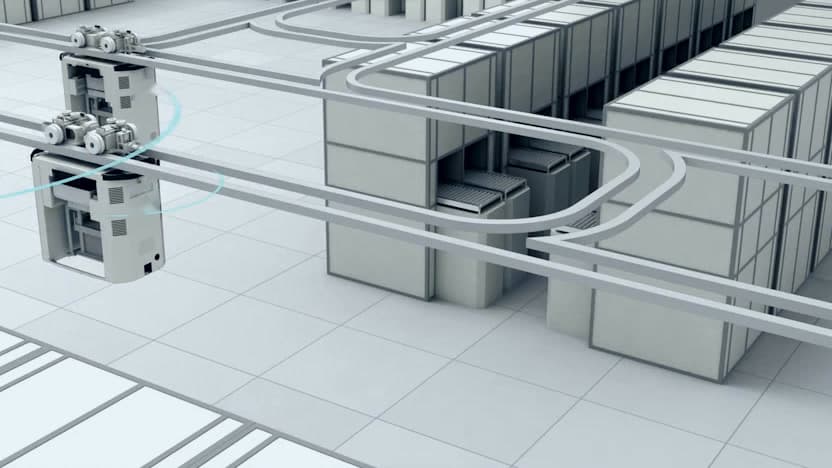 Overhead transport vehicles and stockers moving carriers through a 200mm fab, simulated