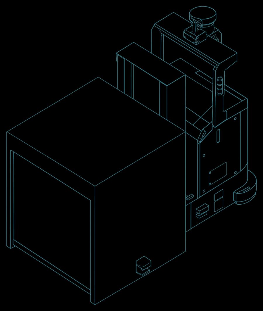 BriteLab lift AGV carrying an enclosed load, as a hidden-line CAD drawing