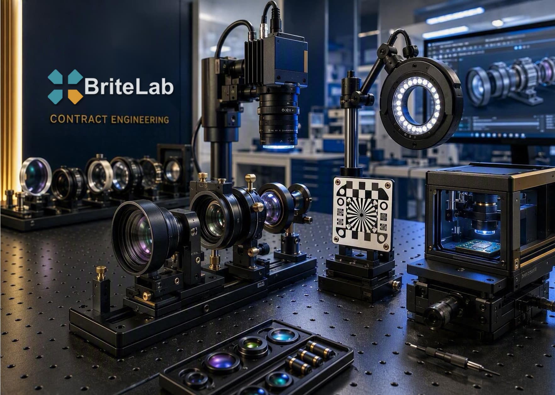 Optical bench with lens assemblies, a ring light, a resolution target, and a camera on a motion stage